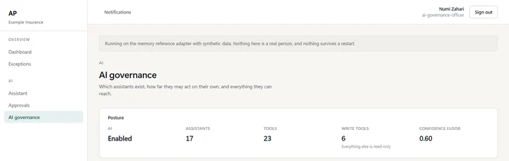 AP AI governance posture: AI enabled, 17 assistants, 23 tools, 6 of which may write, and a confidence floor of 0.60 below which an answer is refused.