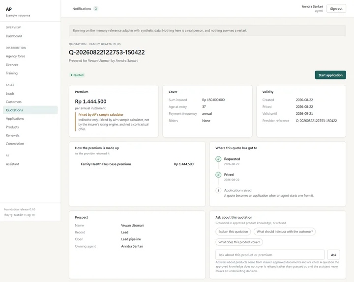 AP quotation detail: premium, cover and validity for a health product, the quote lifecycle, and an assistant panel stating that answers are drawn from insurer-approved documents and refused when not covered.